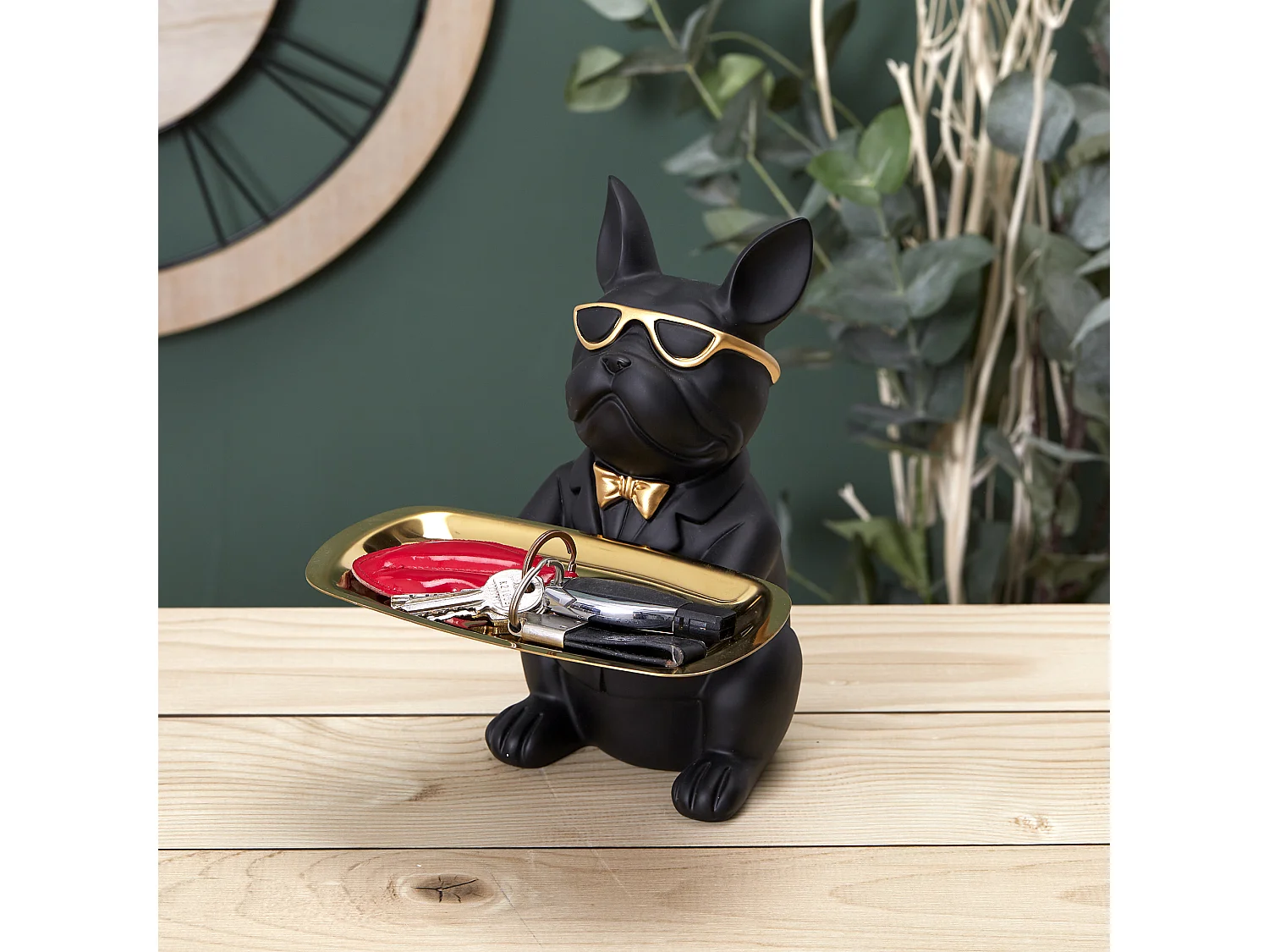 Sculpture Deco Bulldog Noir Vide Poche 21cm Noir, Or