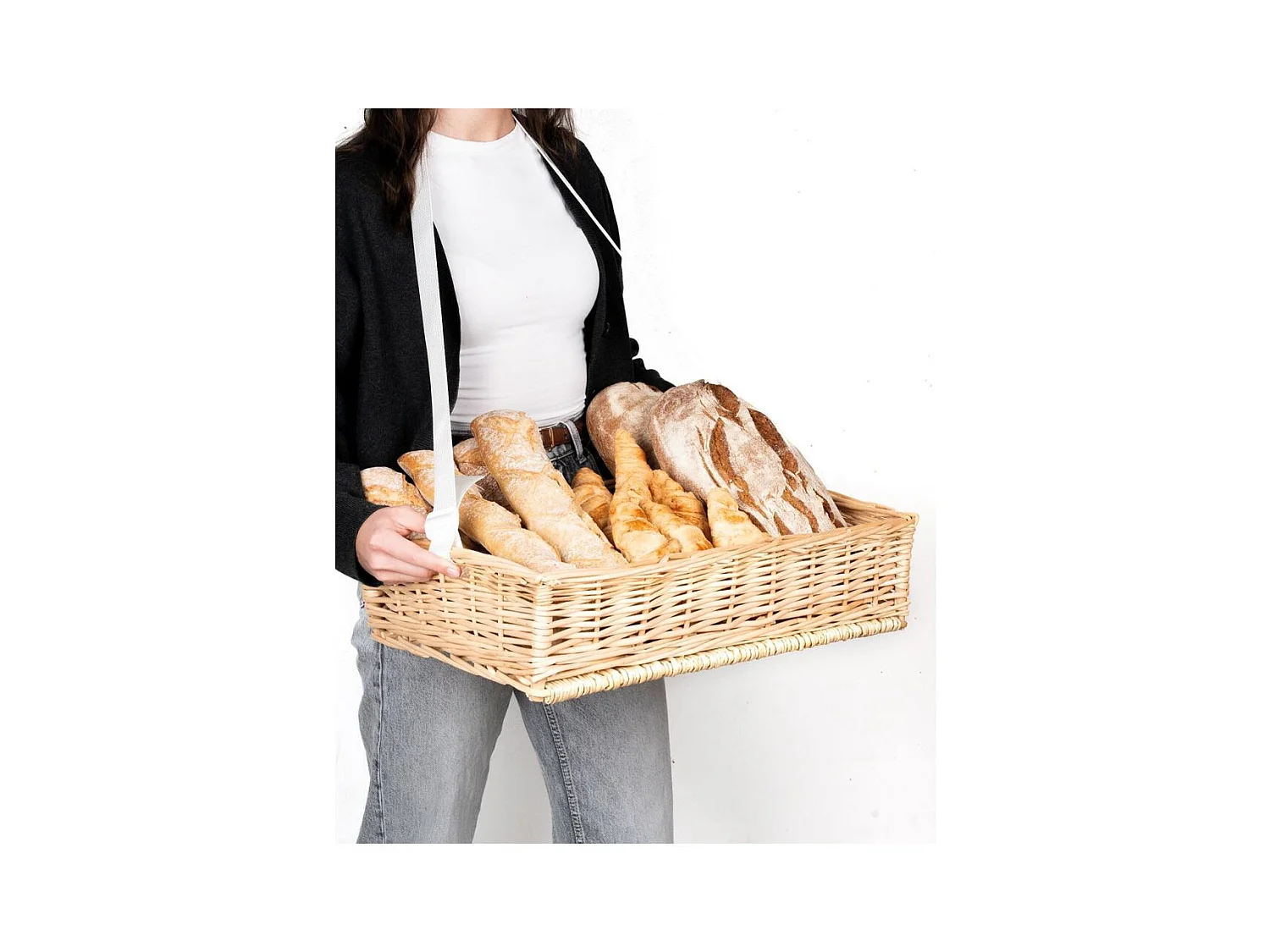 Manne en osier naturel avec passe-main Panier 60 x 40 cm + sangle ajustable à poser