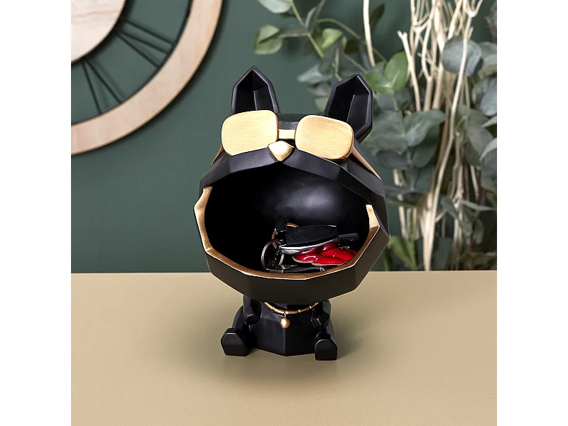 Sculpture Chien A Lunettes Noir Vide Poche Noir, Or