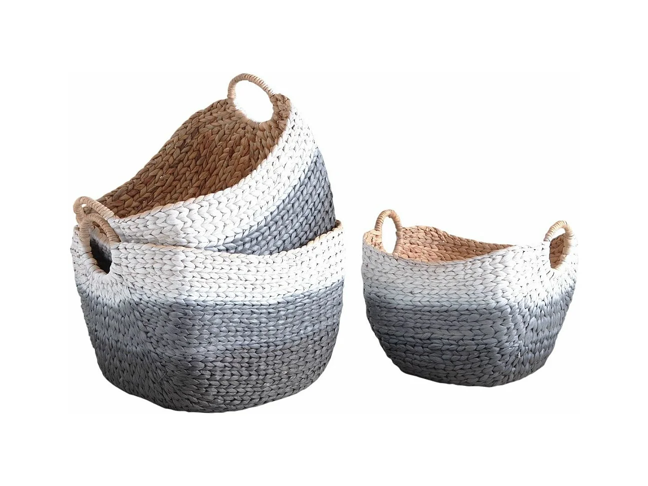 Corbeilles en jacinthe peinte grises et blanches Tie and Die (Lot de 3)