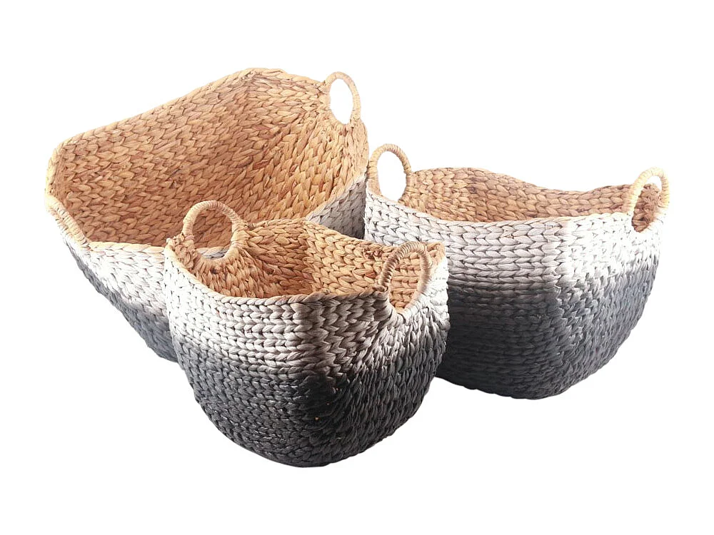 Corbeilles en jacinthe peinte grises et blanches Tie and Die (Lot de 3)