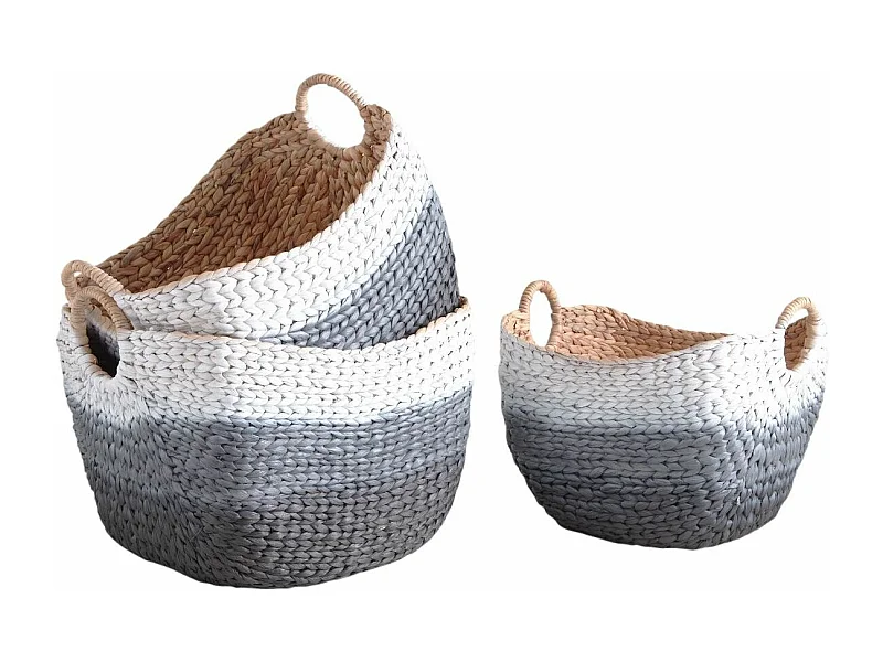 Corbeilles en jacinthe peinte grises et blanches Tie and Die (Lot de 3)