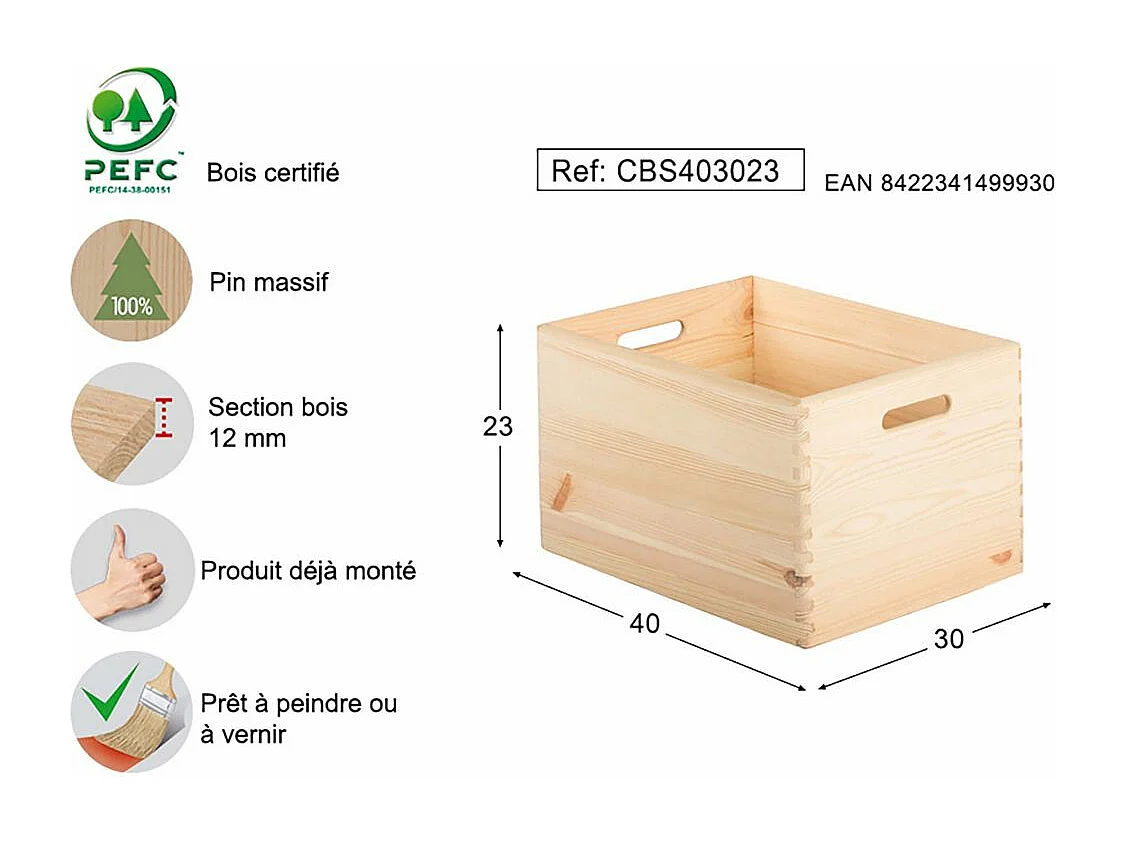 Caisse en bois de rangement 40 x 30 x 23 cm