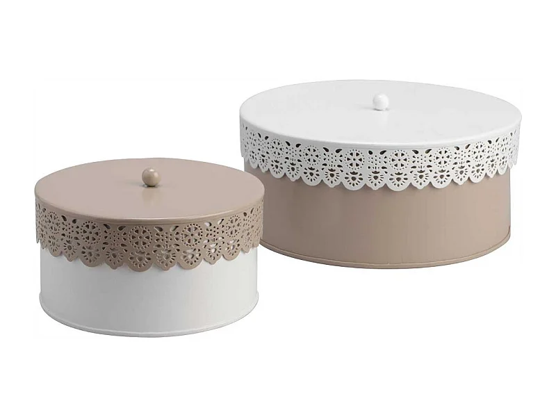 Set 2 boites motif dentelles blanc/taupe
