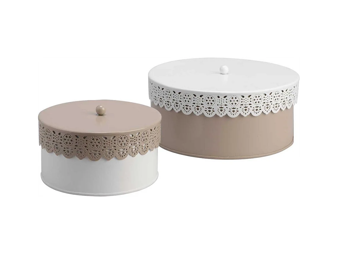 Set di 2 scatole con motivo a pizzo bianco/taupe