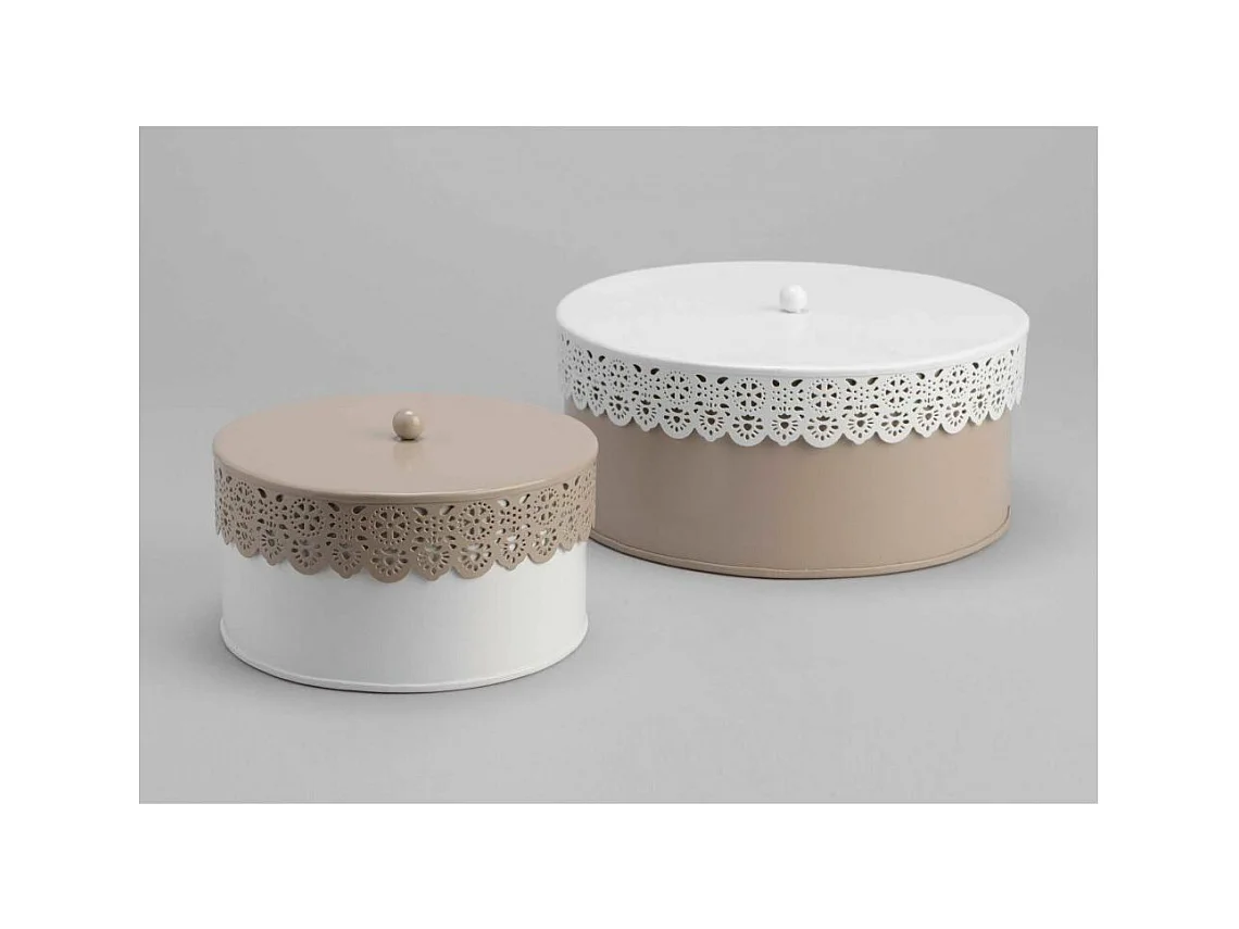 Set di 2 scatole con motivo a pizzo bianco/taupe