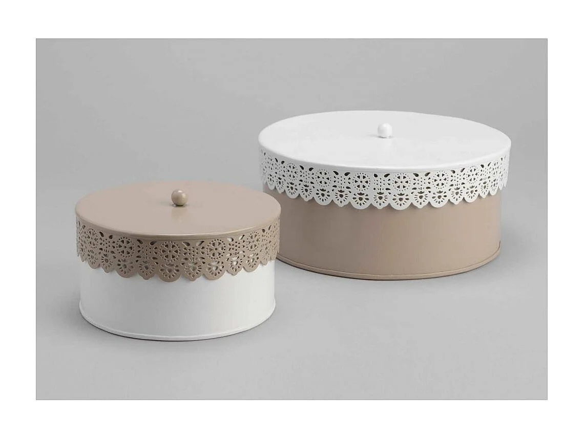 Set 2 boites motif dentelles blanc/taupe
