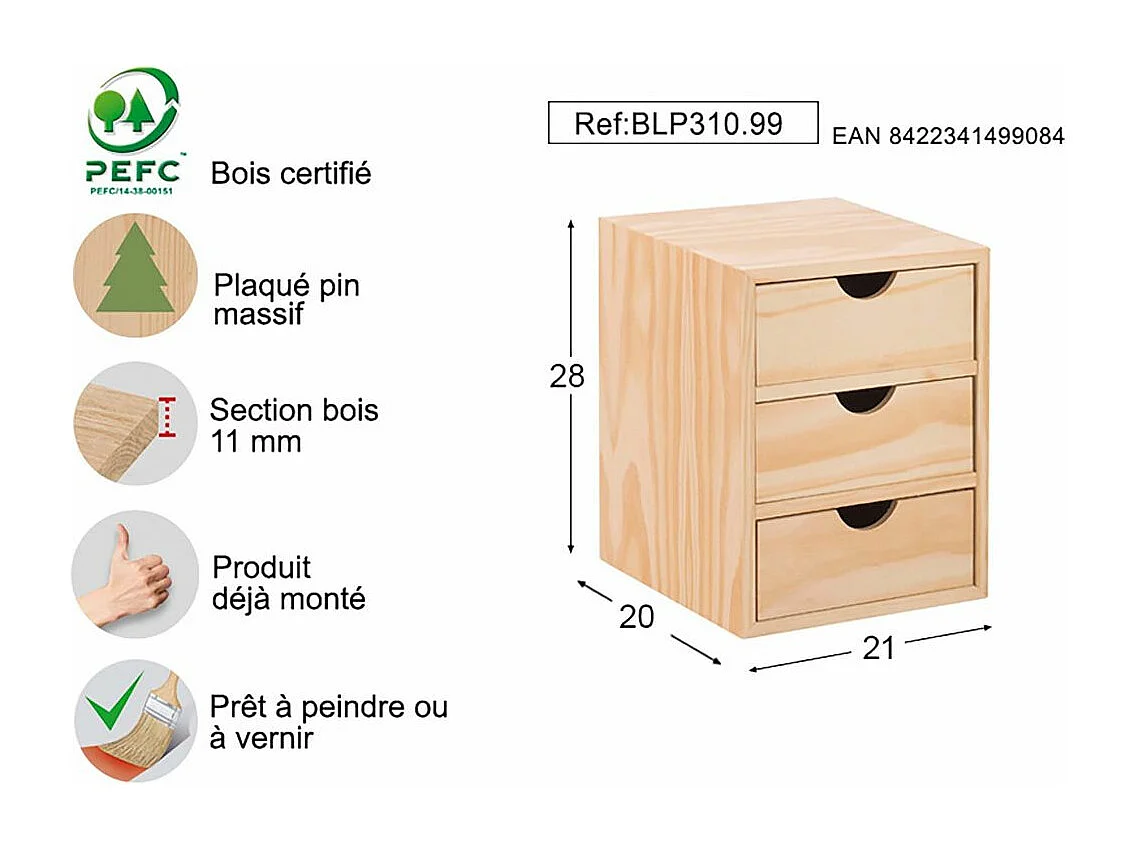 Mini rangement bloc en pin brut avec tiroirs 3 tiroirs