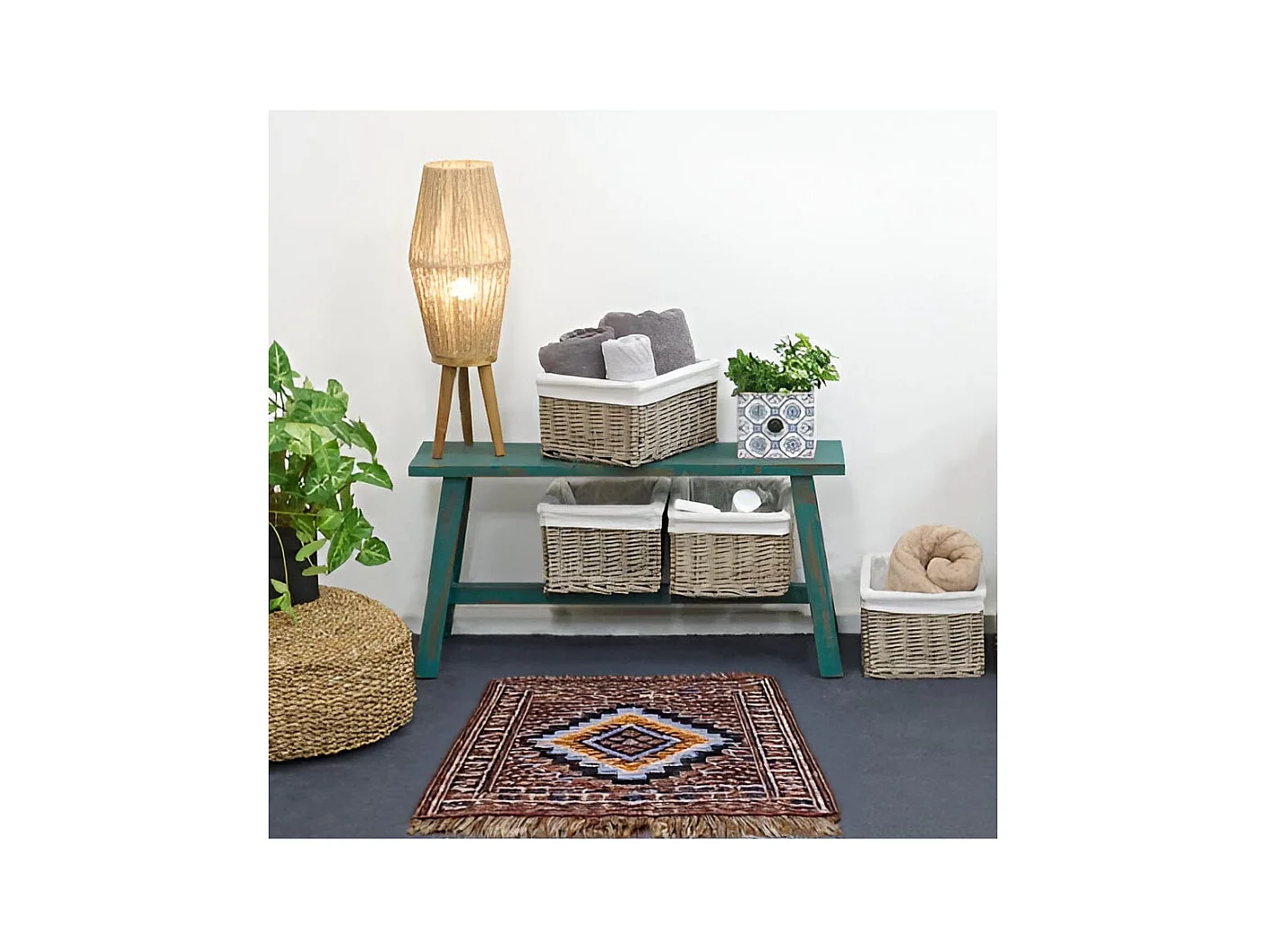 Corbeille de rangement en osier gris et coton 38 x 30 x 20 cm