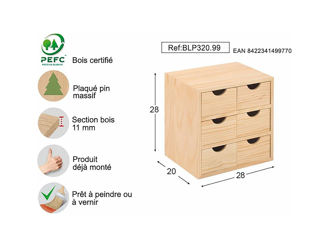 Mini rangement bloc en pin brut avec tiroirs 6 tiroirs M2