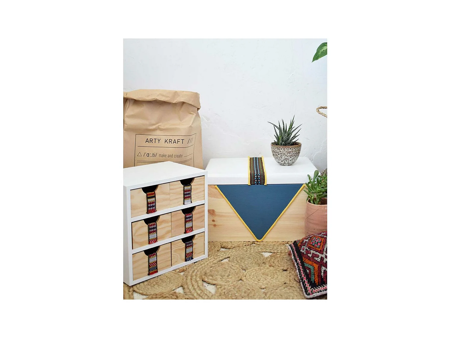 Mini rangement bloc en pin brut avec tiroirs 6 tiroirs M2