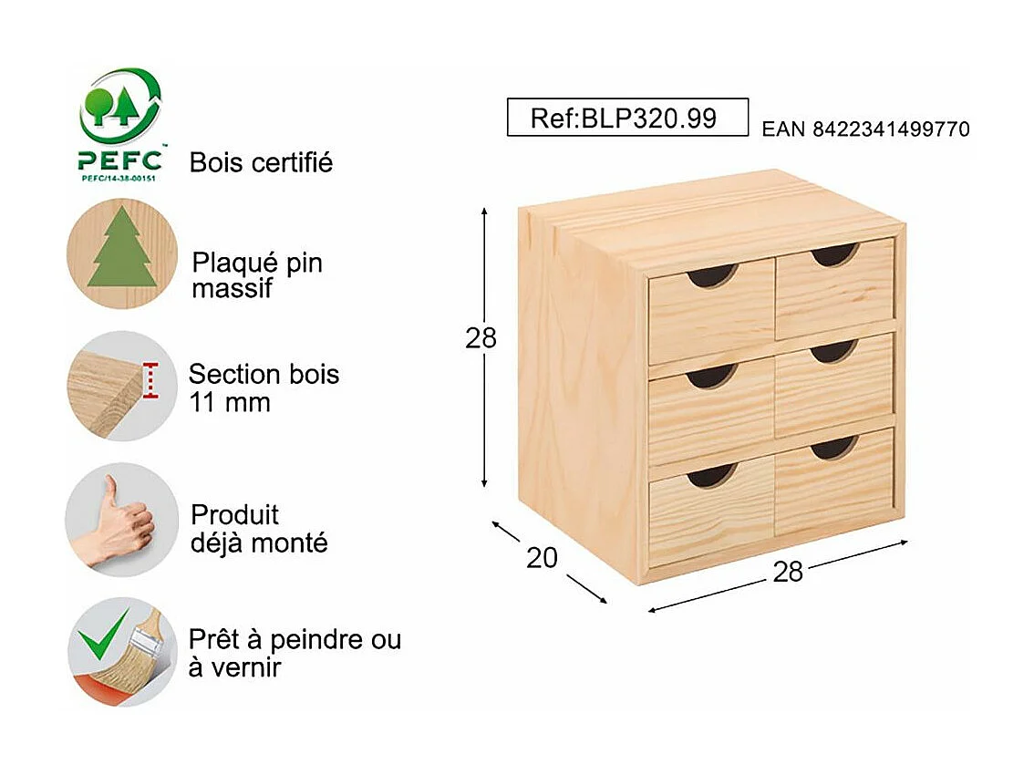 Mini rangement bloc en pin brut avec tiroirs 6 tiroirs M2