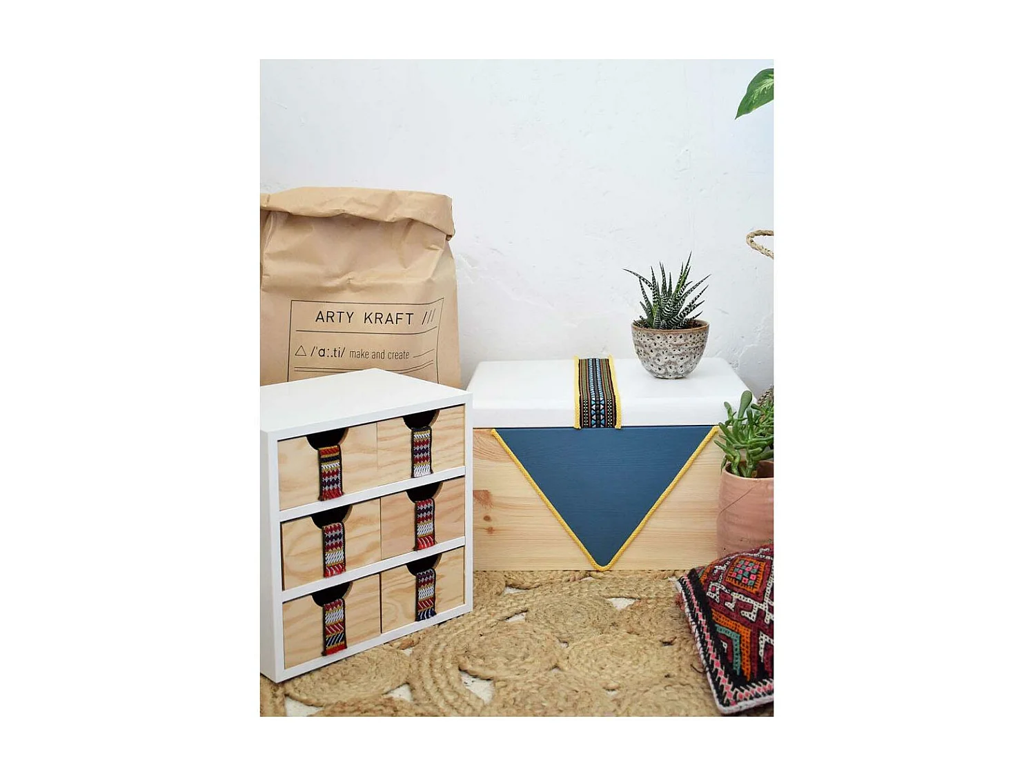 Mini rangement bloc en pin brut avec tiroirs 6 tiroirs M2