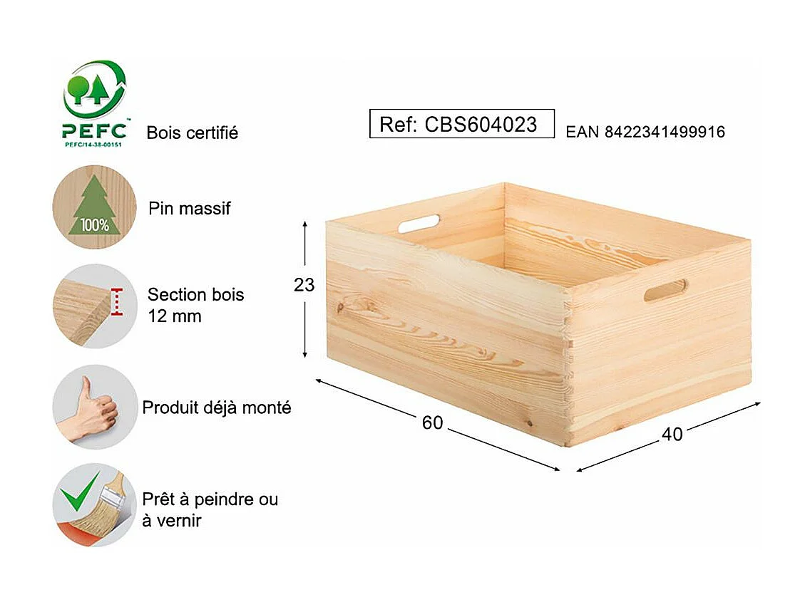Caisse en bois de rangement 60 x 40 x 23 cm