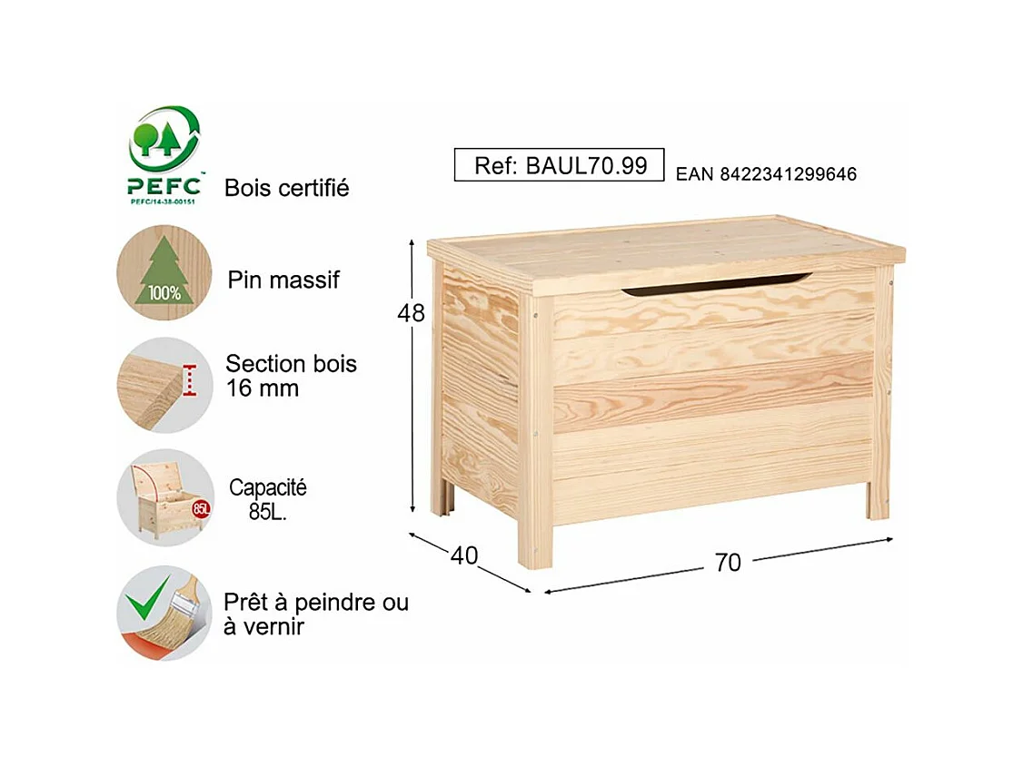 Coffre de rangement en pin 85L