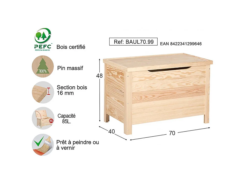 Coffre de rangement en pin 85L