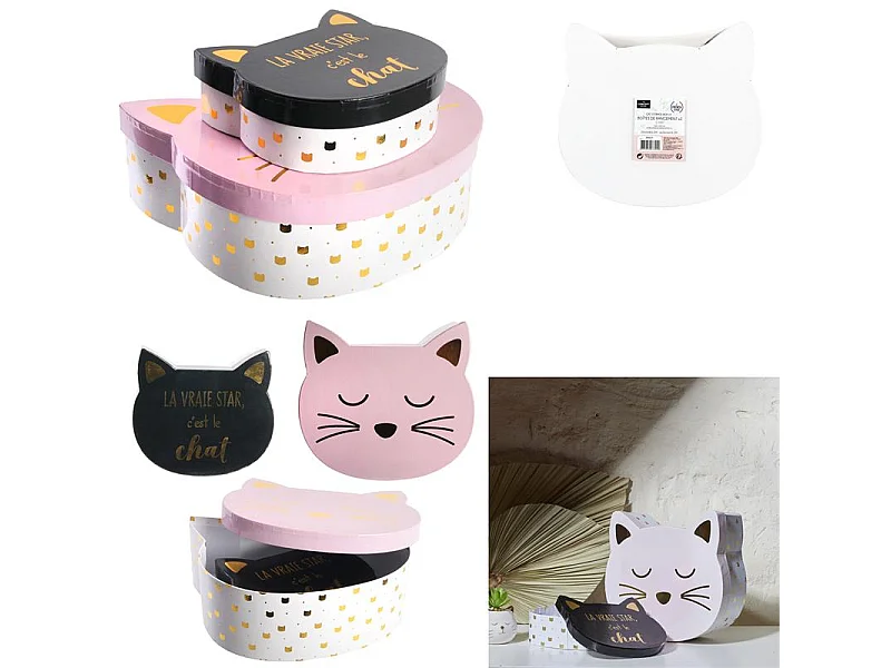 Lot de 2 Boîtes de Rangement "Chat" 25cm Rose