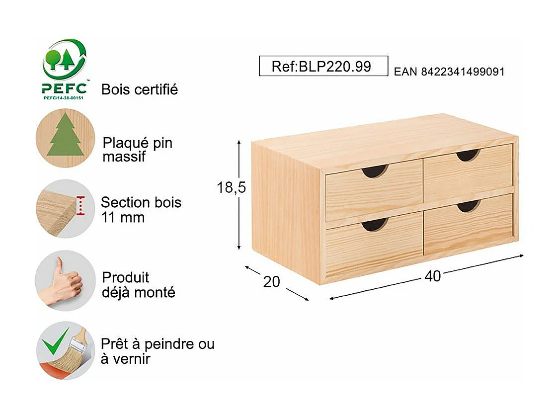 Mini rangement bloc en pin brut avec tiroirs 4 tiroirs