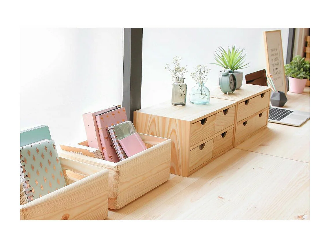 Mini rangement bloc en pin brut avec tiroirs 4 tiroirs