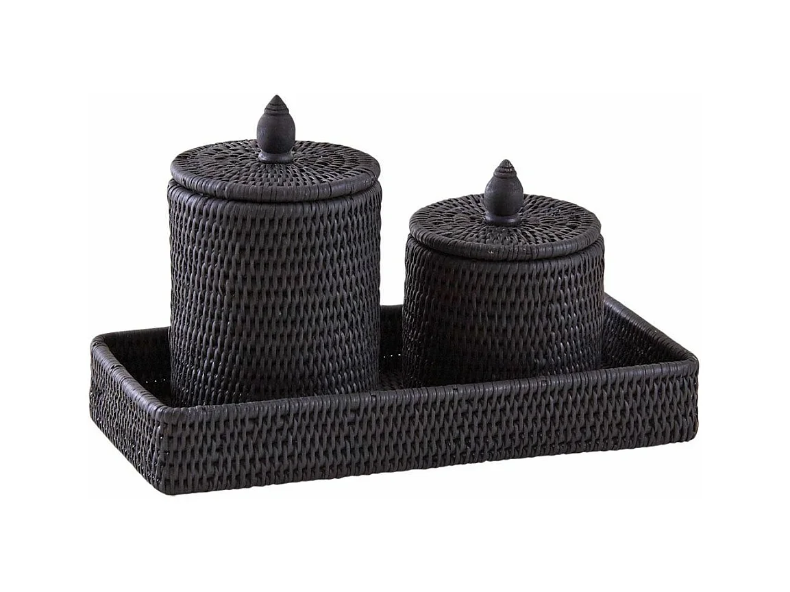 Ensemble boites et plateau en rotin laqué noir