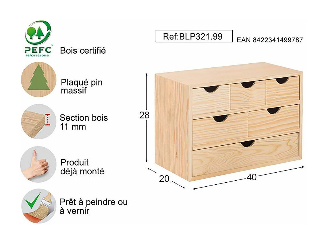 Mini rangement bloc en pin brut ave tiroirs 6 tiroirs M1