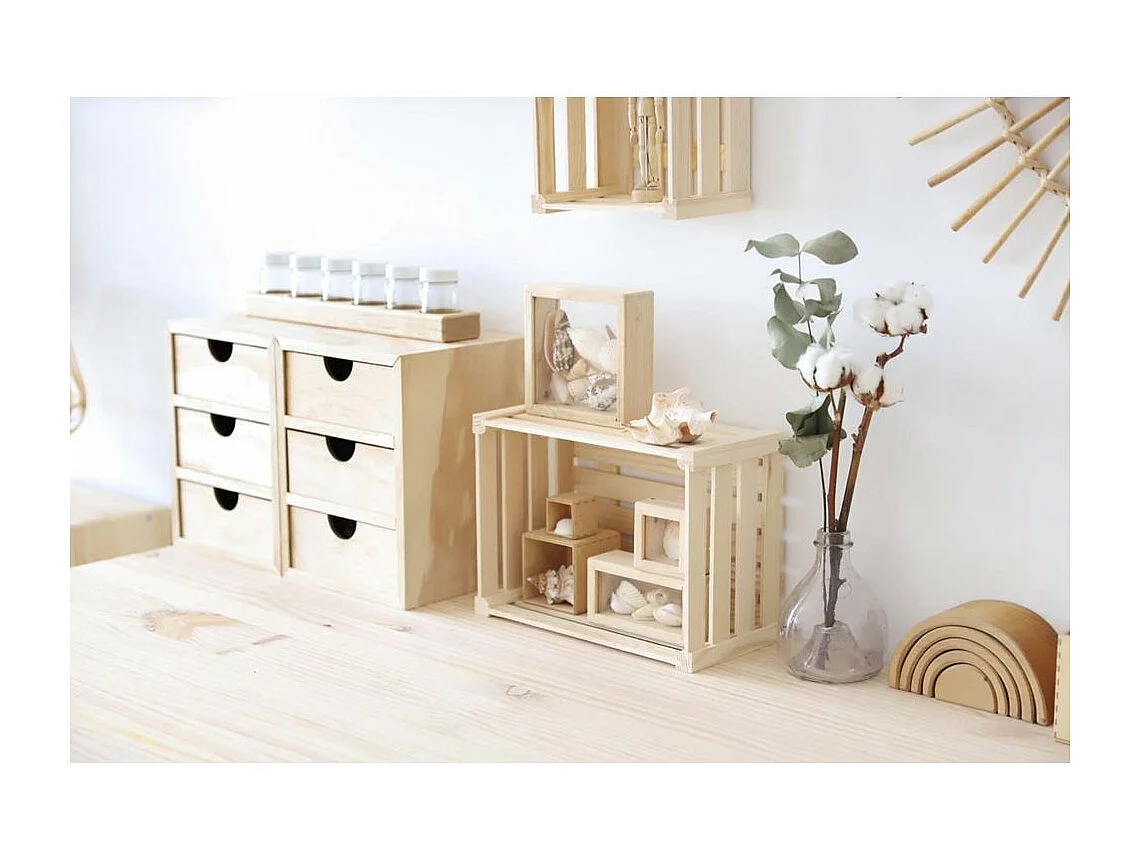 Mini rangement bloc en pin brut ave tiroirs 6 tiroirs M1