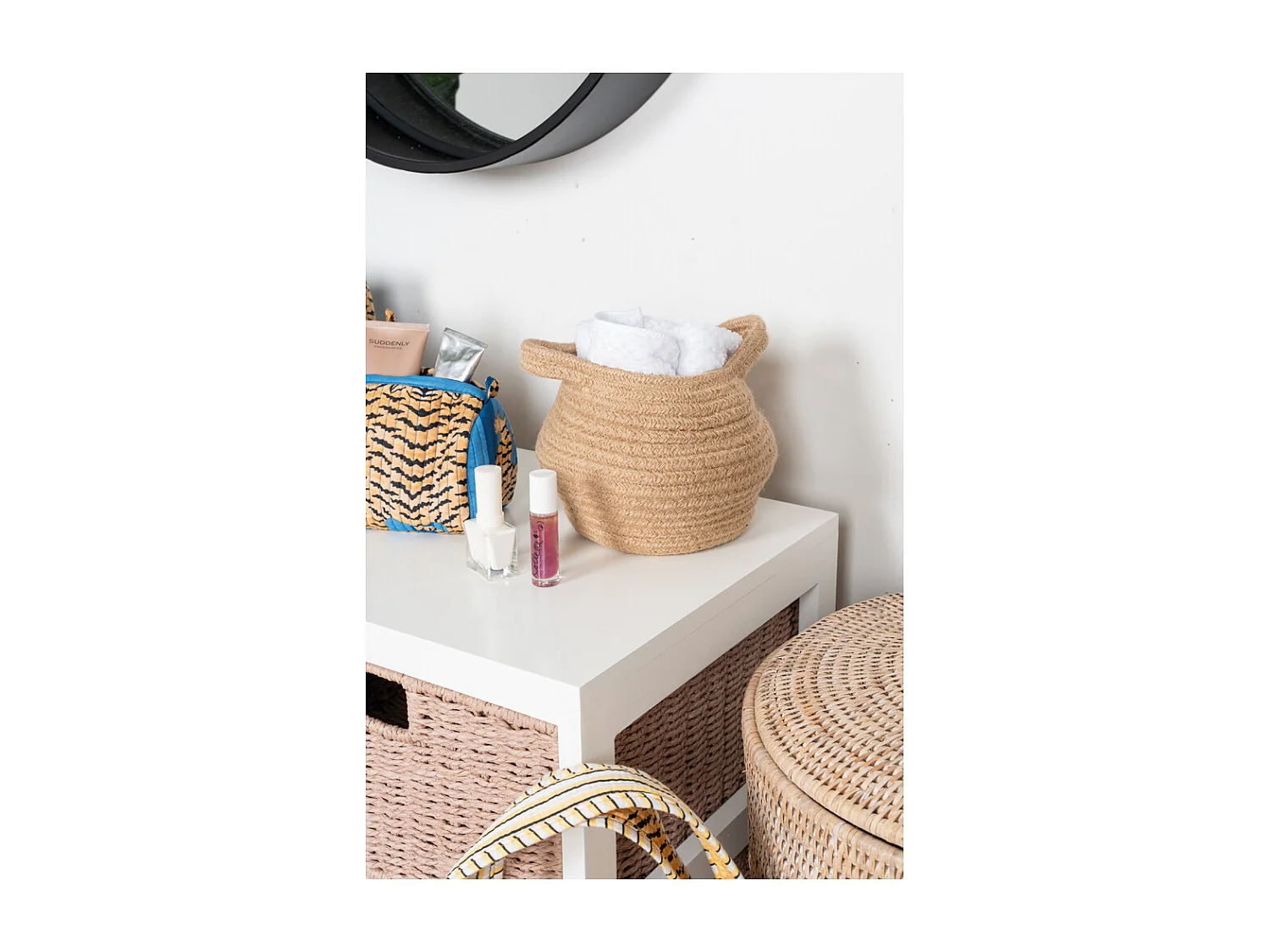 Corbeille ronde en jute naturelle avec 2 poignées