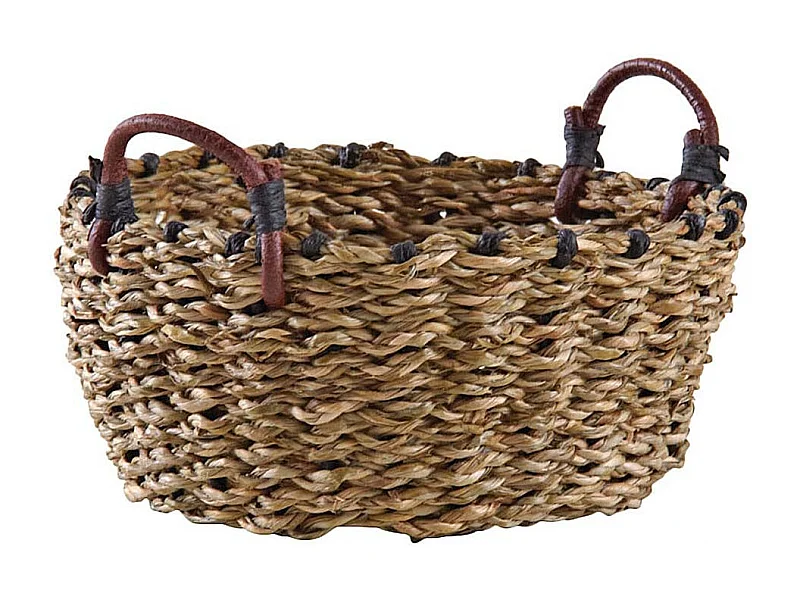 Corbeille ronde en jonc avec anses en cuir 19 cm