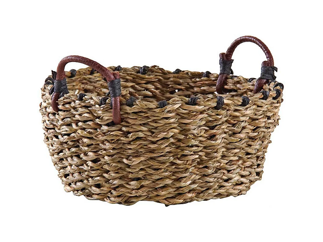 Corbeille ronde en jonc avec anses en cuir 19 cm