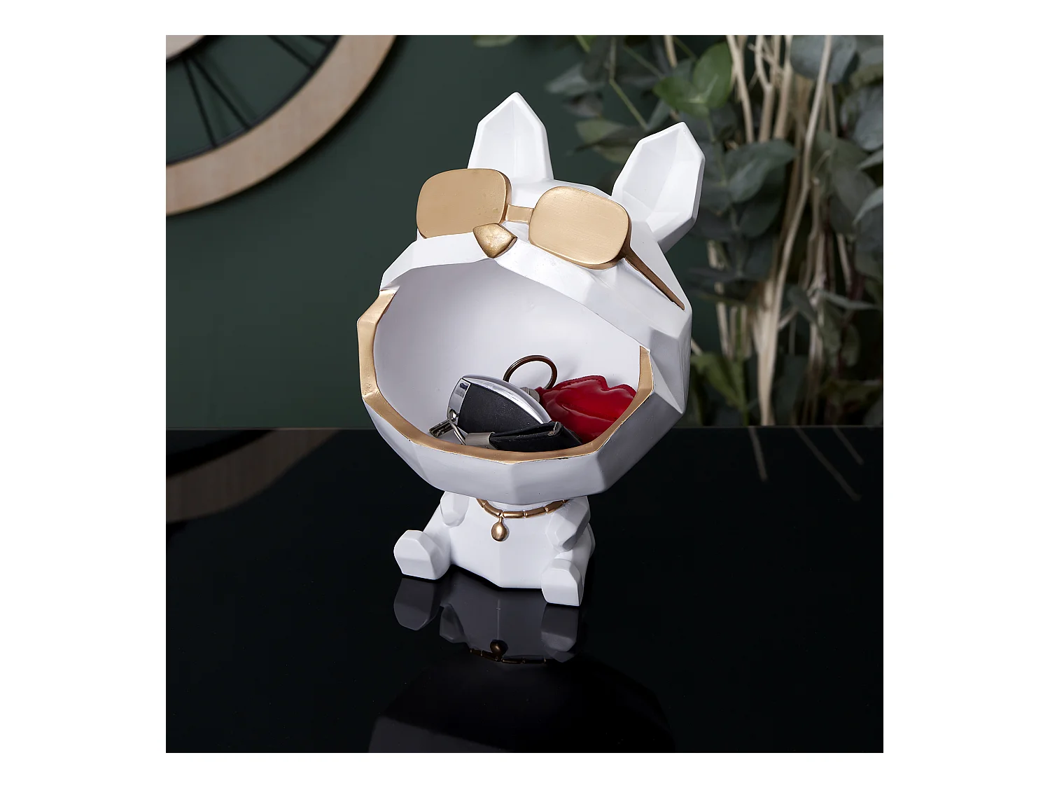 Sculpture Chien A Lunettes Blanc Vide Poche Blanc, Or