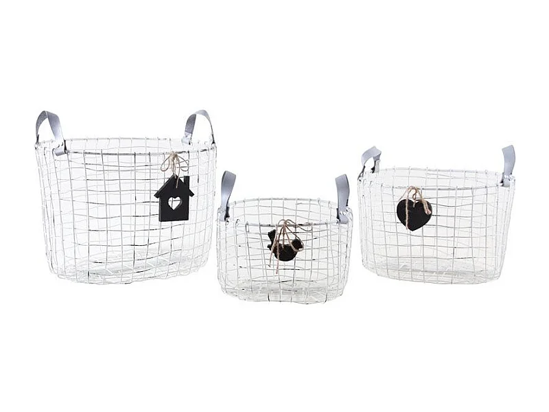 Corbeilles de rangement en métal blanc vieilli (lot de 3) Grands modèles