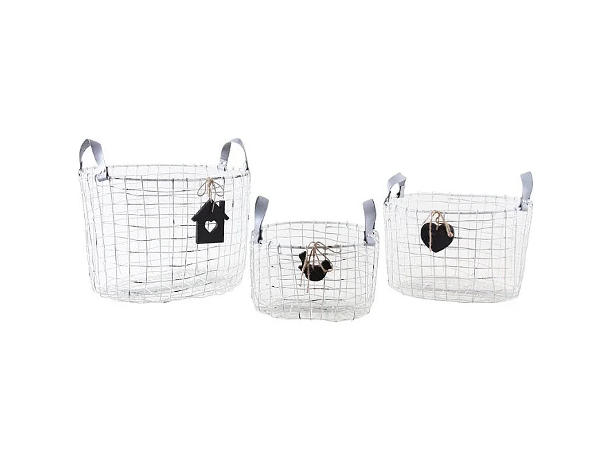 Corbeilles de rangement en métal blanc vieilli (lot de 3) Grands modèles