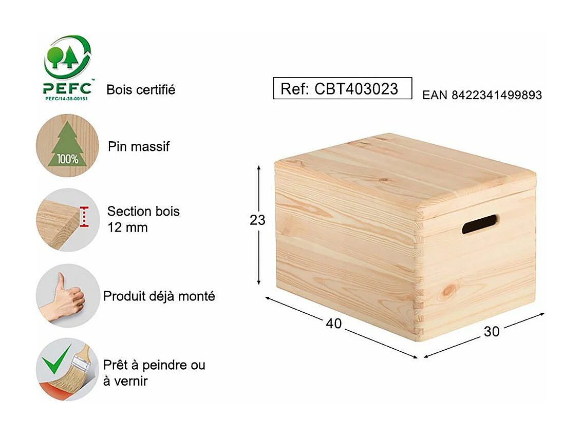 Boîte de rangement en pin massif avec couvercle Taille 4