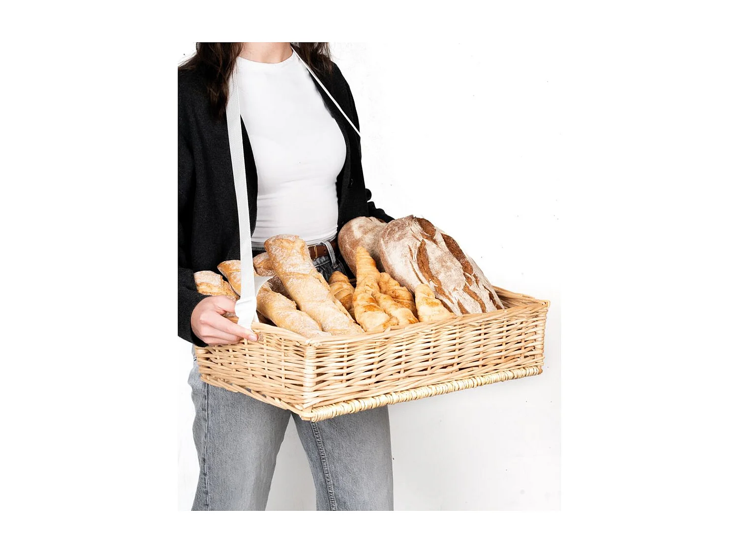 Manne en osier naturel avec passe-main Panier 50 x 34 cm + sangle ajustable à poser