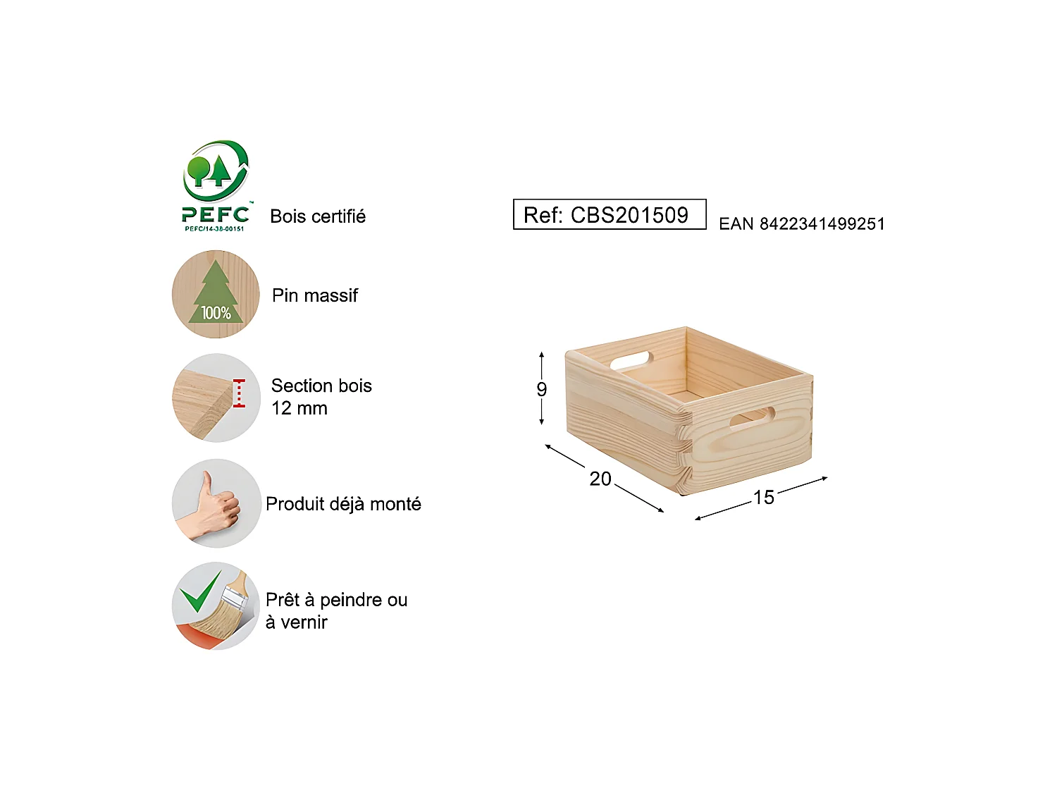 Caisse en bois de rangement 20 x 15 x 9 cm