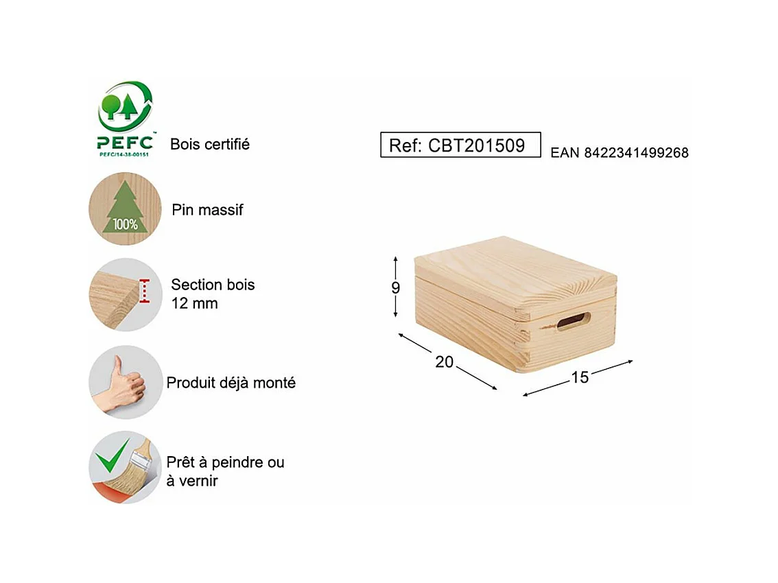 Boîte de rangement en pin massif avec couvercle Taille 1