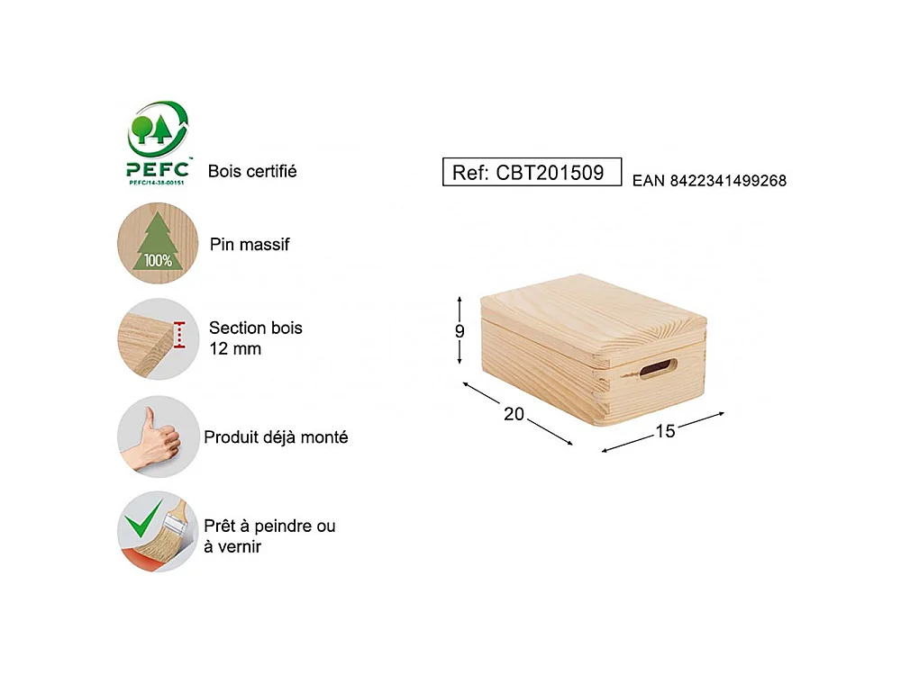 Caja de almacenamiento de pino macizo con tapa Tamaño 1