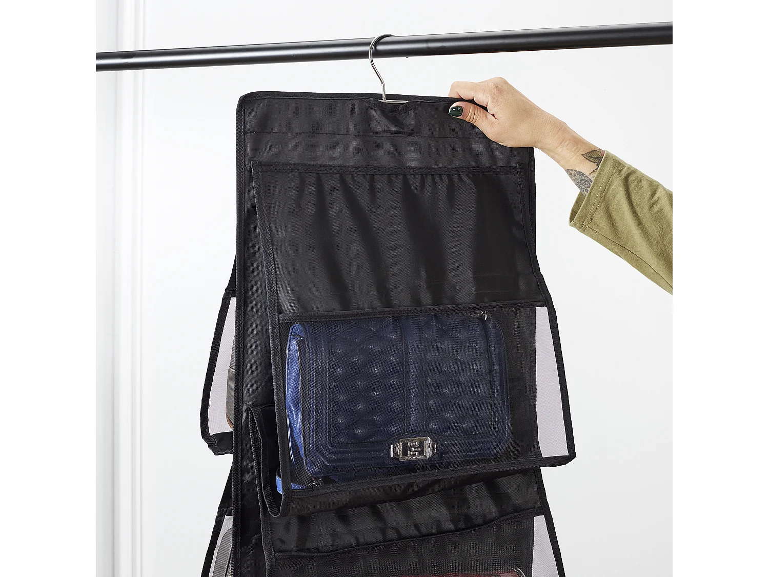 Rangement A Suspendre 6 Sacs A Main 90cm Noir