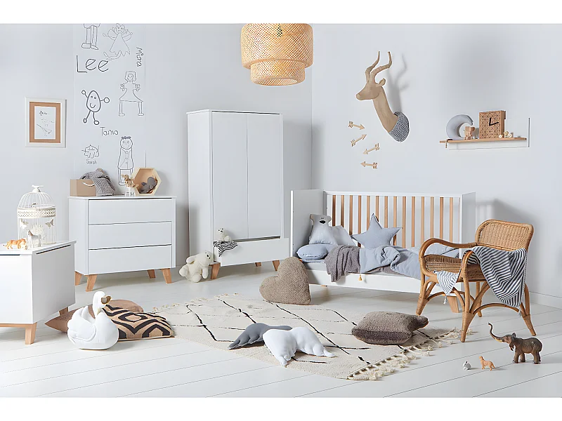 Chambre complète lit évolutif 70x140 commode à langer et armoire 2 portes Zara Blanc