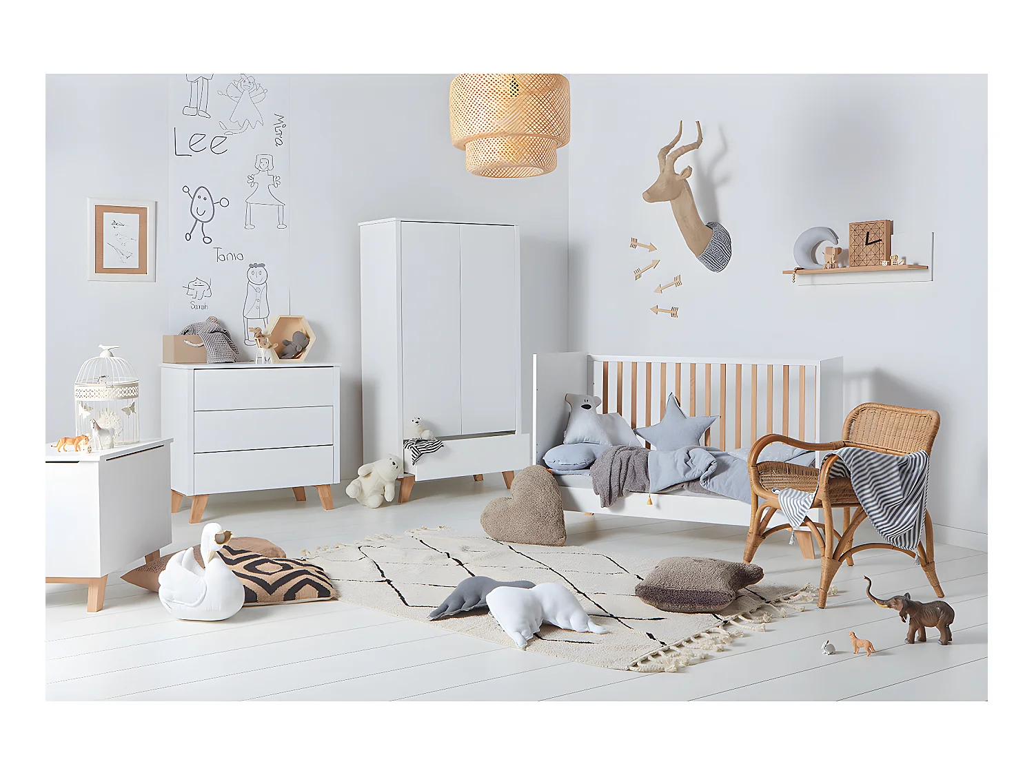 Chambre complète lit évolutif 70x140 commode à langer et armoire 2 portes Zara Blanc