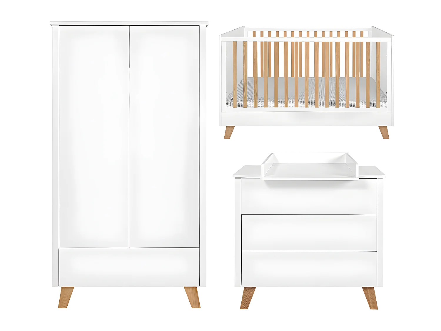 Chambre complète lit évolutif 70x140 commode à langer et armoire 2 portes Zara Blanc