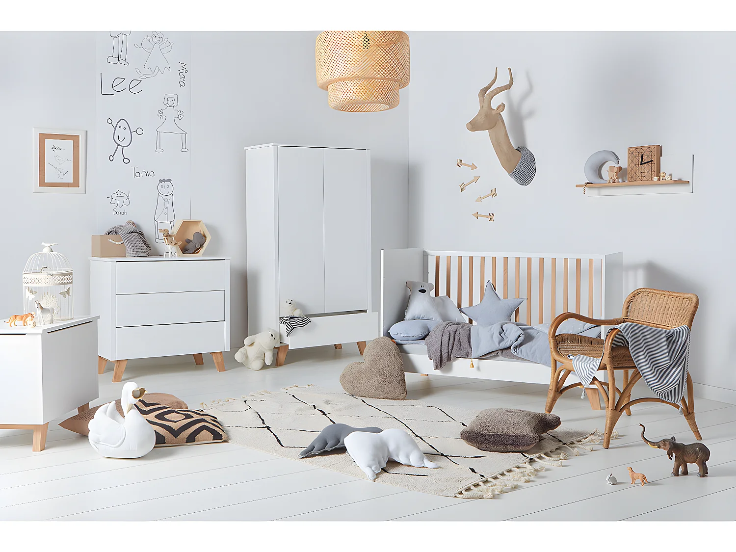 Chambre complète lit évolutif 70x140 commode à langer et armoire 2 portes Zara Blanc