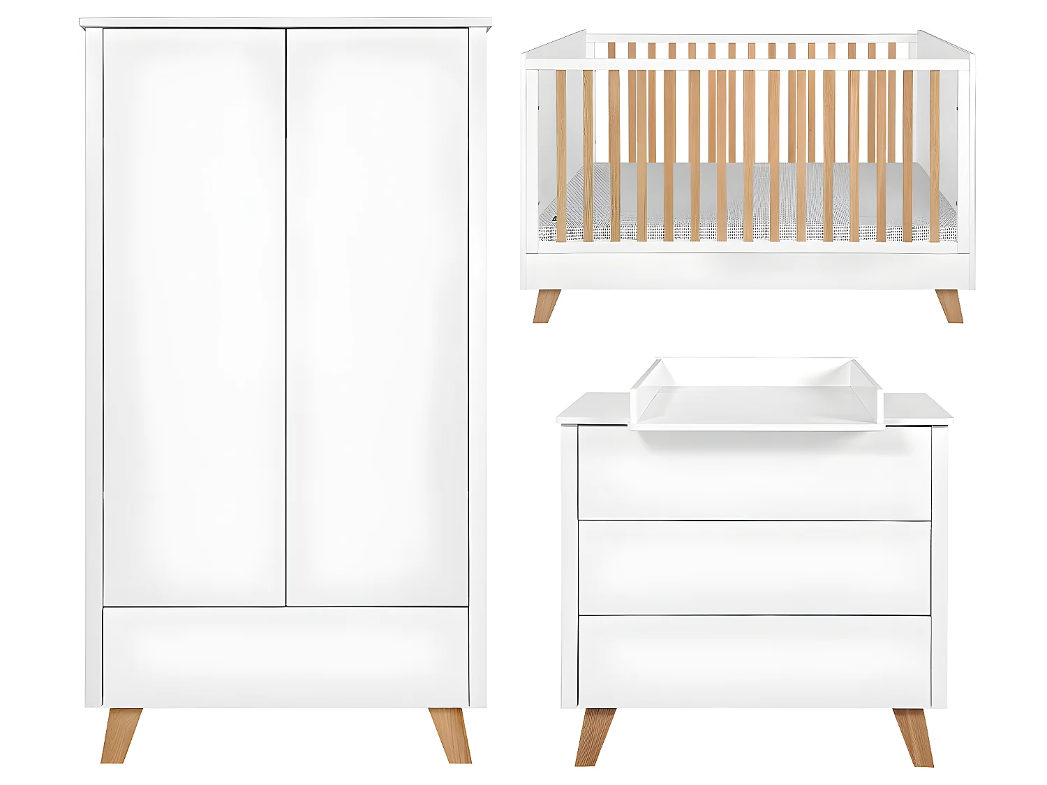 Chambre complète lit évolutif 70x140 commode à langer et armoire 2 portes Zara Blanc