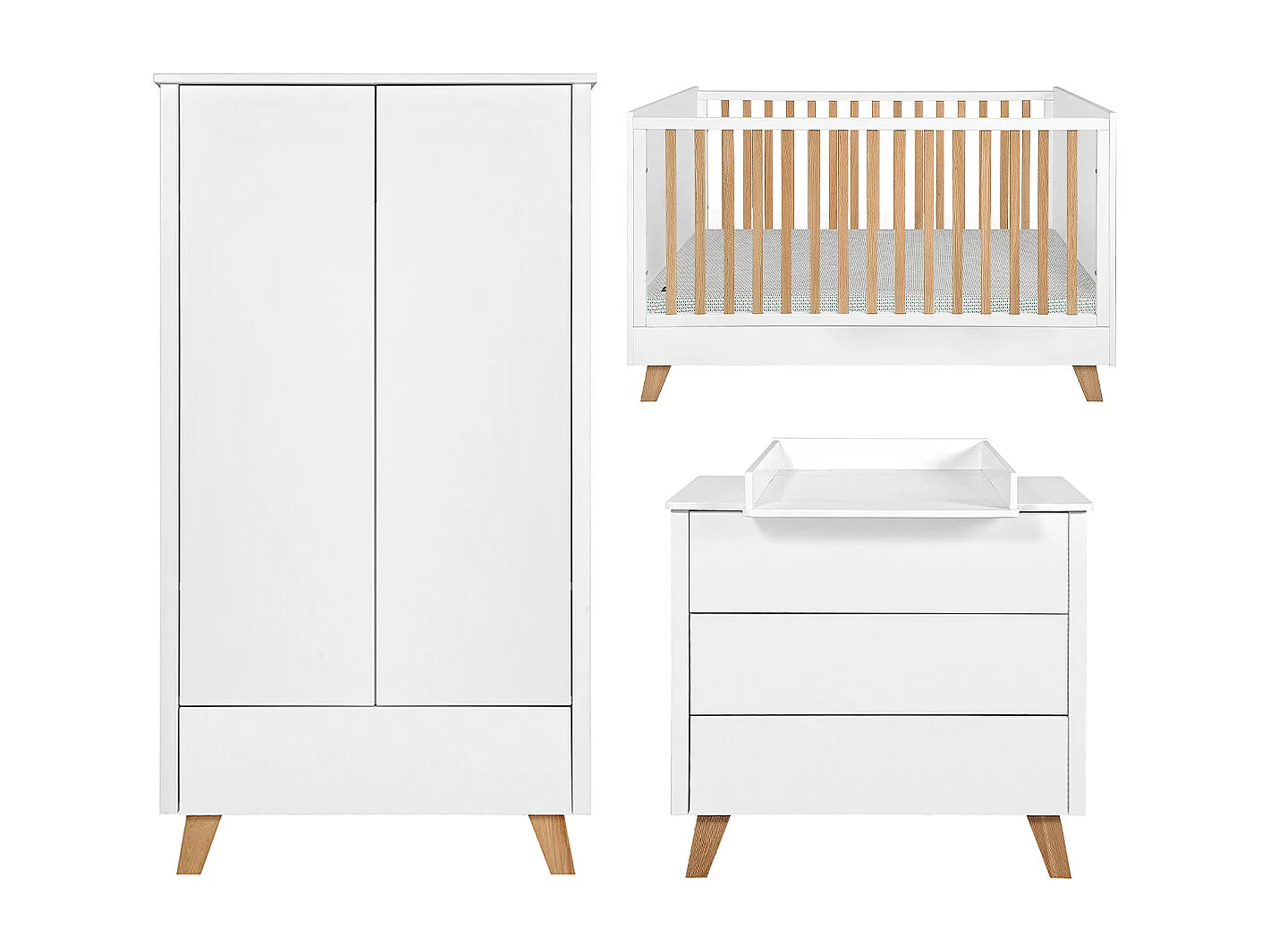 Chambre complète lit évolutif 70x140 commode à langer et armoire 2 portes Zara Blanc