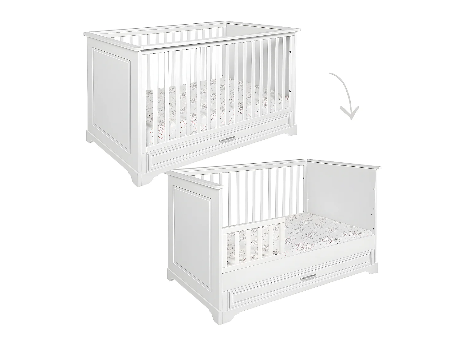 Lit évolutif 70x140 et commode 3 tiroirs Melody Blanc