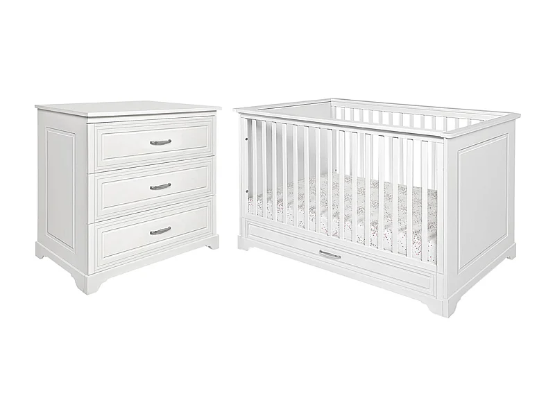 Lit évolutif 70x140 et commode 3 tiroirs Melody Blanc