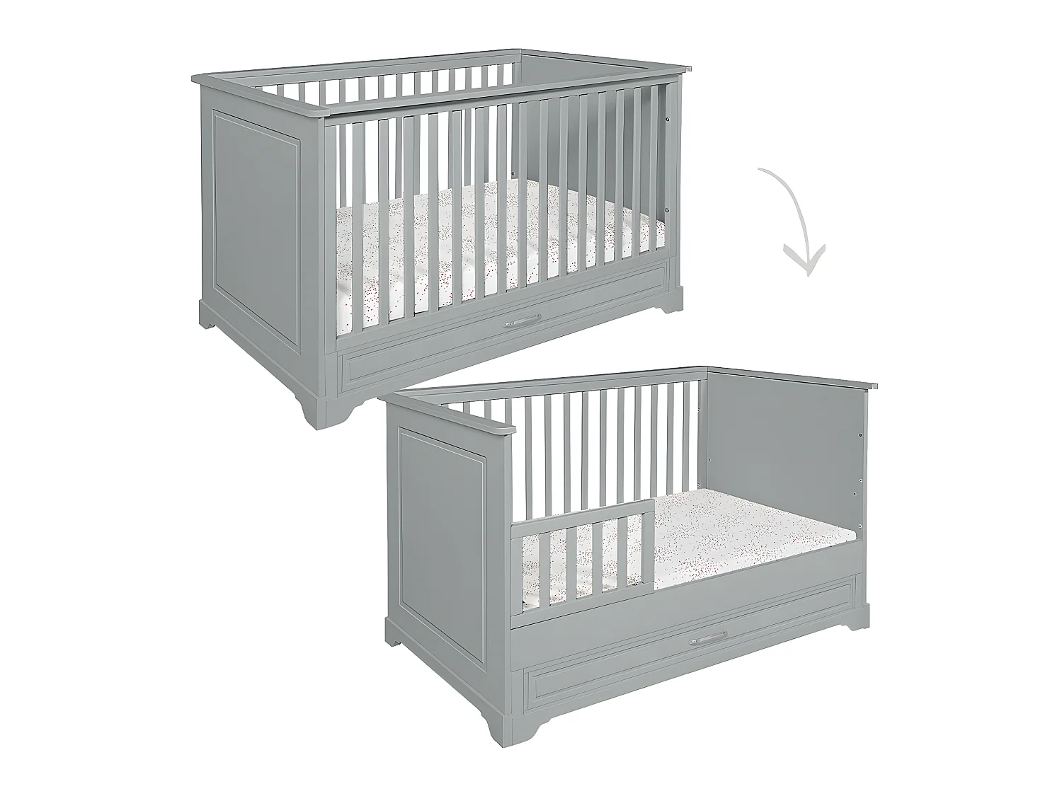 Lit évolutif 70x140 et commode 3 tiroirs Melody Gris