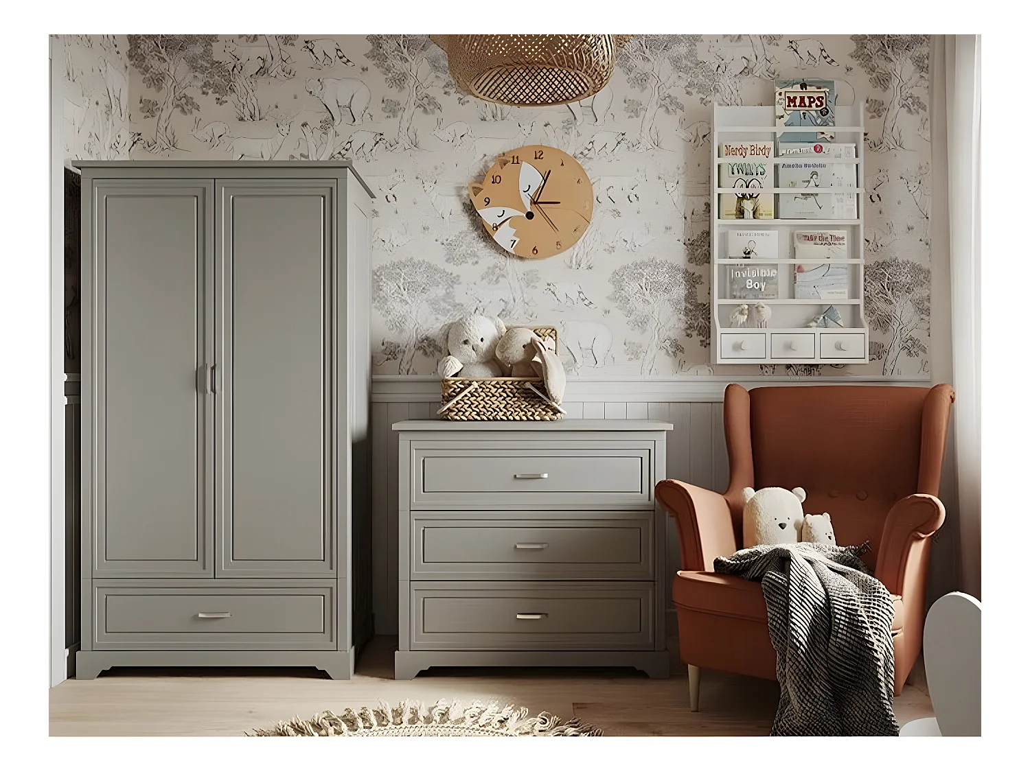 Lit évolutif 70x140 et commode 3 tiroirs Melody Gris