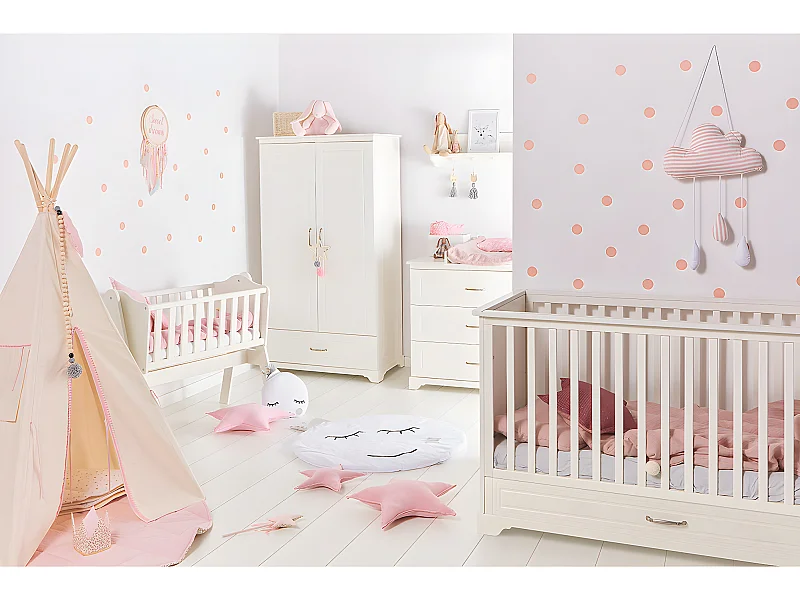 Chambre complète lit évolutif 70x140 commode à langer et armoire 2 portes Melody Blanc