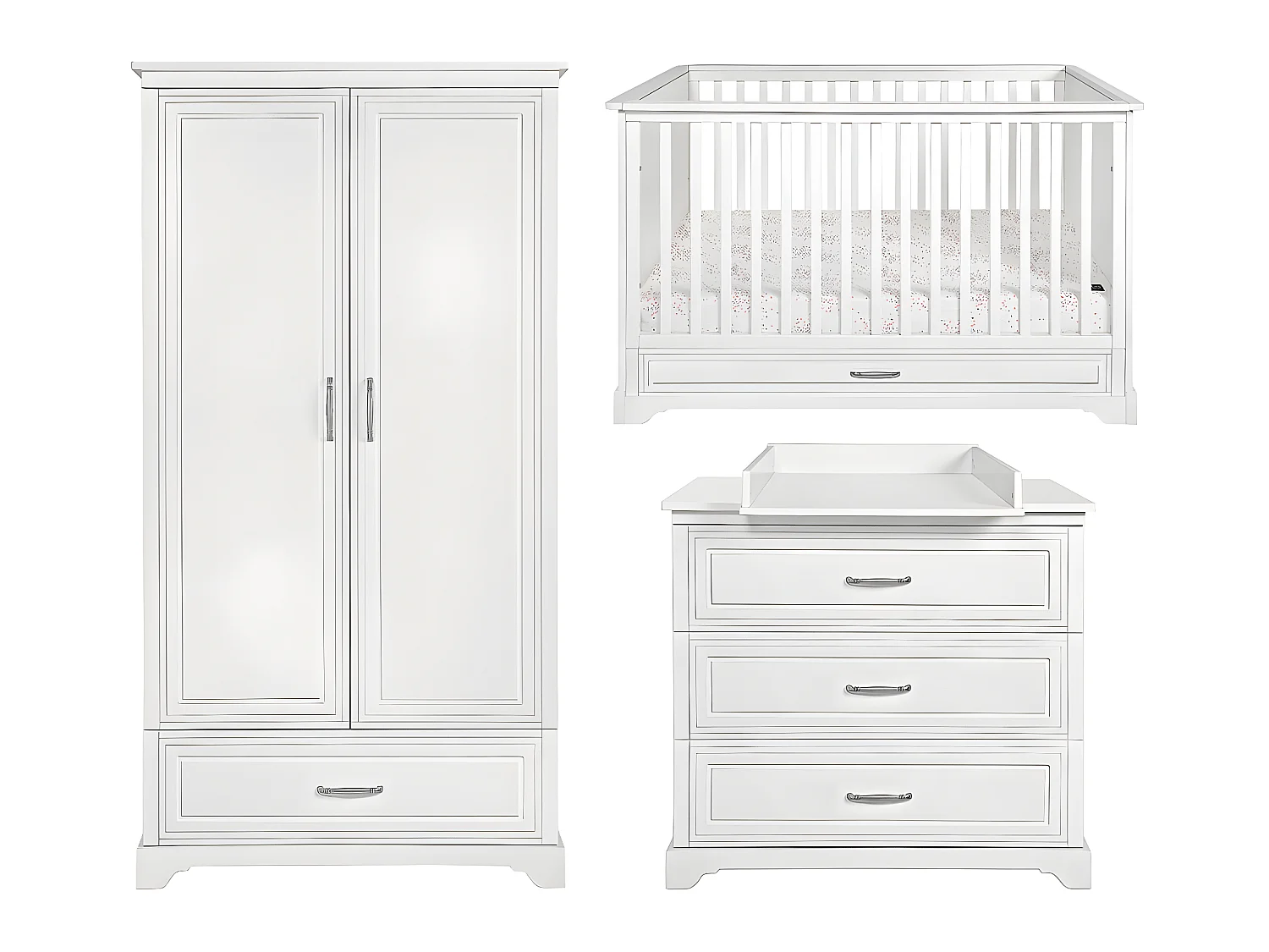 Chambre complète lit évolutif 70x140 commode à langer et armoire 2 portes Melody Blanc